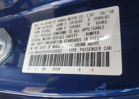 2009 Acura Tsx from USA, damaged, VIN JH4CU26659C024023